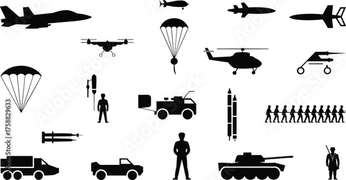 Black silhouette military icons, aircraft and vehicle illustrations, soldier poses, defense equipment sketch, warfare design, ink style, tactical scene