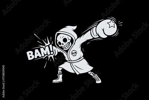 Cartoon skeleton boxer delivering a powerful punch with a BAM so