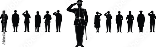 Black silhouette salute illustration, military officer and civilians, ceremonial respect sketch, honor gesture art, ink style, commemorative posture design