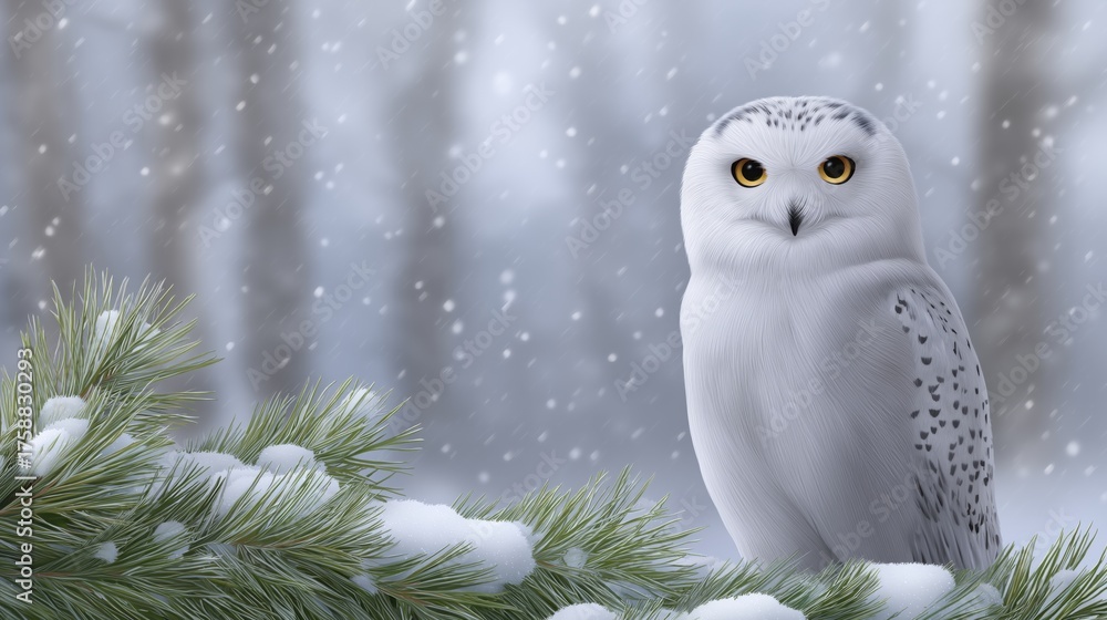 Obraz premium Snowy owl perched on evergreen branch, surrounded by falling snowflakes in a serene winter landscape, showcasing the beauty of wildlife in a tranquil environment