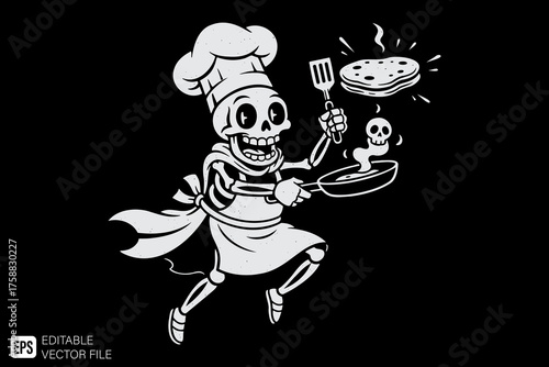 Happy Skeleton Chef Cooking Pancakes with a Spatula and Frying P