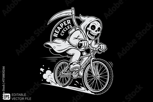 Grim Reaper Skeleton Riding Bicycle with Scythe and Reaper Cycle