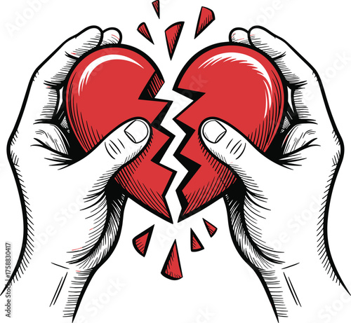 Broken heart illustration, emotional pain concept, hands holding shattered love symbol, red heart vector, sketch style art, isolated white background
