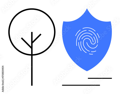 Minimalistic black tree outline beside blue shield with fingerprint pattern. Ideal for cybersecurity, environmental protection, biometrics, data privacy, authentication, eco-friendly technology