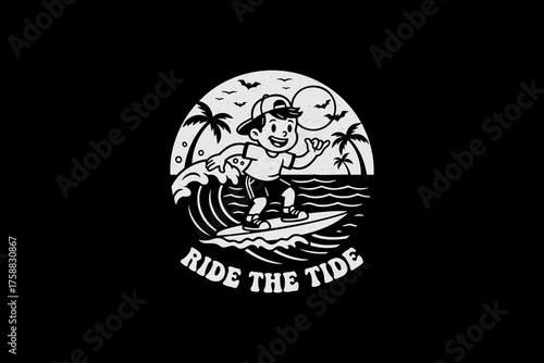 Young Boy Surfing Ocean Wave with Palm Trees and Sun.