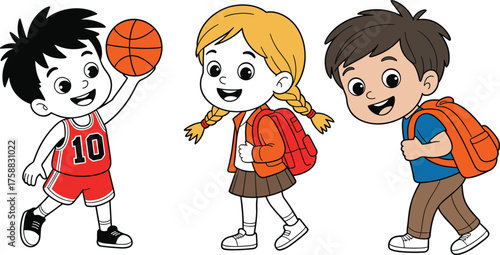Cartoon children illustration, school and sports theme, happy kids character set, backpack and basketball, vector clipart, isolated white background