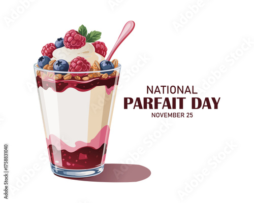 National Parfait Day layered berry parfait in a clear glass, with Greek yogurt, fresh blueberries, raspberries, and granola, against a pastel blue background November 25
