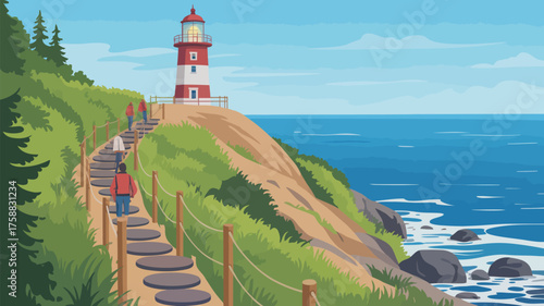A lighthouse on a cliff overlooking the ocean with people walking up a stone path towards the lighthouse