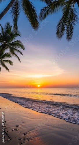 A tranquil beach scene at sunrise, with palm trees framing a serene golden sunset over the ocean.