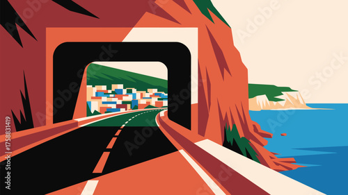 A coastal road tunnel with a view of a town and the sea in a stylized vector illustration style