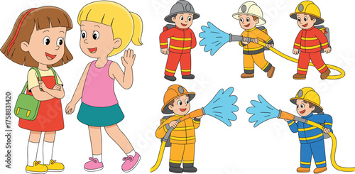 Cartoon firefighters and children, community safety illustration, water hose action scene, teamwork and emergency response clipart, isolated white background, vector graphics