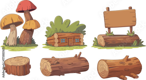 Cartoon forest elements, nature illustration set, woodland scene clipart, mushrooms and logs, rustic cabin vector, educational environment graphics, isolated background