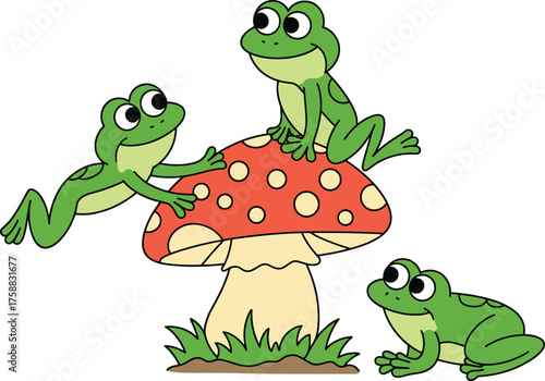 Cartoon frogs and mushroom, playful nature illustration, cute amphibian characters, red spotted toadstool, green grass scene, vector clipart, isolated white background