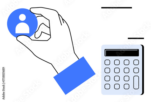 Hand grasping profile icon near calculator suggesting sorting, selection, or analysis. Ideal for recruitment, analytics, HR, evaluation, selection finance organization. Simple flat metaphor