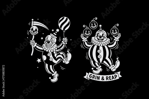 Two Creepy Clowns with Skull and Juggling Skulls.