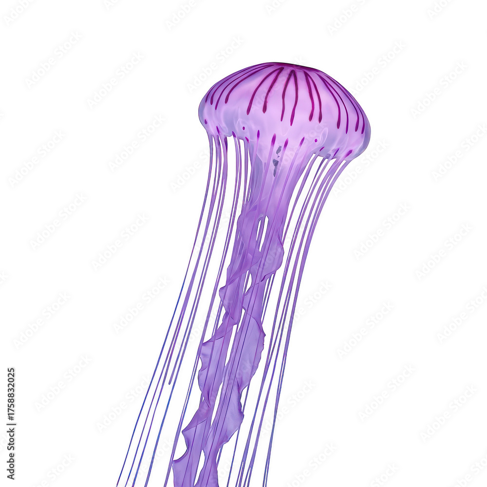 Fototapeta premium Luminous purple jellyfish drifts through dark water.