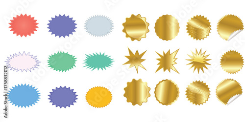 Collection of various starburst shapes and labels in multiple colors and gold tones isolated on transparent background