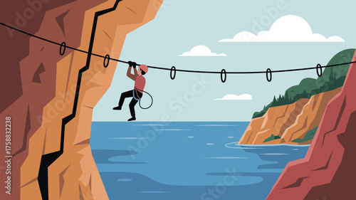 A person crossing a rope bridge between cliffs over water with safety gear and helmet on outdoors view