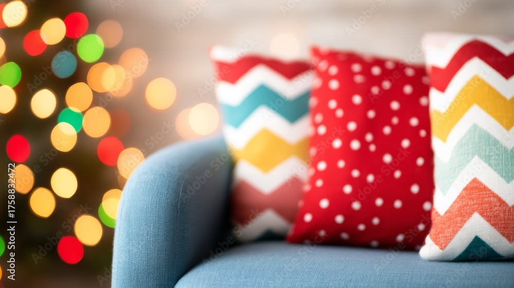 Obraz premium Bright decorative pillows on cozy blue sofa with blurred Christmas lights, festive home interior concept