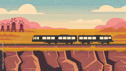 Illustration of a train traveling through a landscape with windmills and rocky formations in the distance