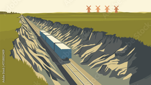 A train travels through a man made canyon with windmills in the distance on a sunny day outdoors