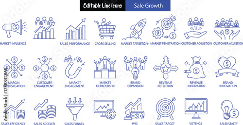 Editable Line Icons Sale Growth, Market, Customer, Business, Strategy, Target, Management, & Success