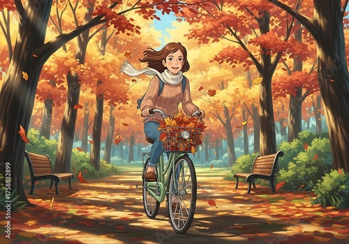 A young woman cycles through a park filled with vibrant autumn colors, carrying a basket full of fallen leaves.