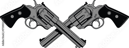 Crossed revolvers illustration, vintage handgun silhouette, weapon icon, black vector art, conflict symbol, firearm design, isolated white background, western theme
