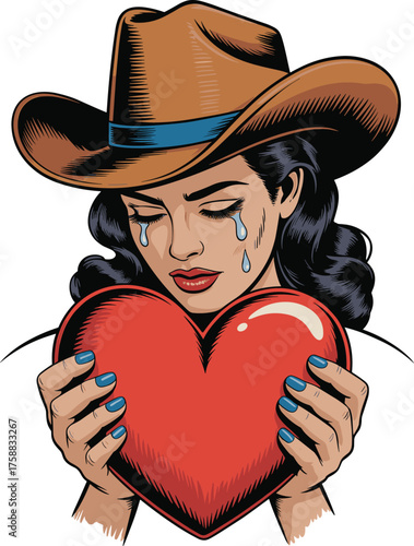 Cowgirl holding heart with tears, emotional Western character illustration, heartbreak and vulnerability clipart, expressive cartoon vector, isolated white background