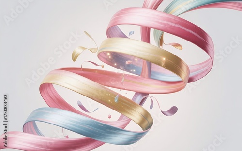 3D Abstract Scene with Floating Pastel Ribbons and Smooth Curves on White Minimal Background