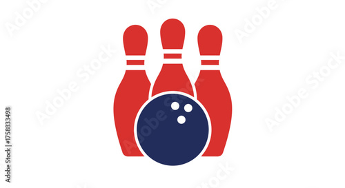Minimalist bowling graphic featuring pins and ball in red and blue colors