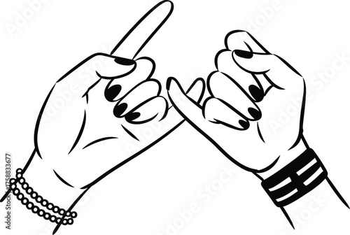 Pinky promise illustration, cartoon hands gesture, emotional commitment symbol, black and white line art, friendship concept, isolated white background