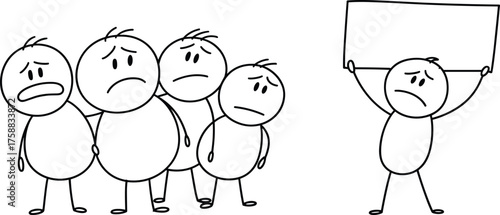 Stick figure protest illustration, cartoon emotional expression set, social commentary vector, group dynamics clipart, isolated white background