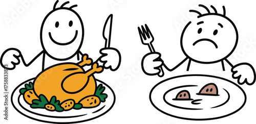 Stick figure food inequality illustration, cartoon dining contrast concept, emotional expression vector, social commentary clipart, isolated white background