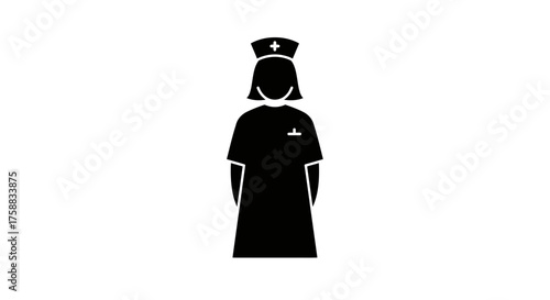 Minimalistic design portraying a female nurse wearing a traditional cap and uniform