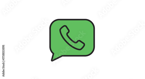 Minimalistic green telephone icon inside a speech bubble on white background