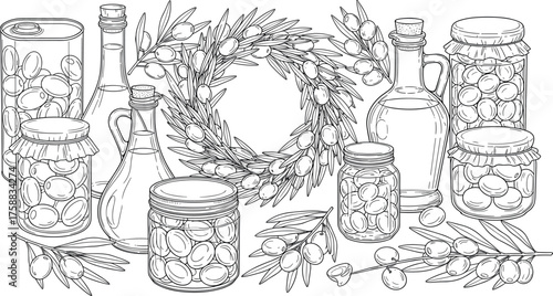 Line art illustration of a collection of olive products olive oil bottles, preserved olives in glass jars, and decorative olive branches, for culinary and healthy lifestyle themes