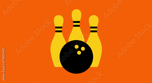 Stylized bowling pins and ball over a vibrant orange background design