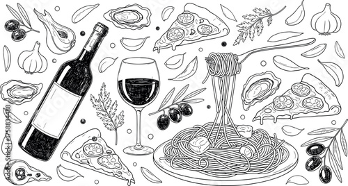 Italian Cuisine Elements Illustration Wine, Pasta, Pizza, and Olives Composition in Detailed Line Art