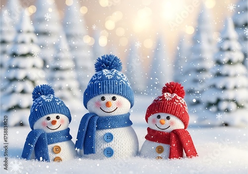 Corri seizinger three cheerful snowmen wearing knitted hats and scarves in a snowy forest with bokeh lights
