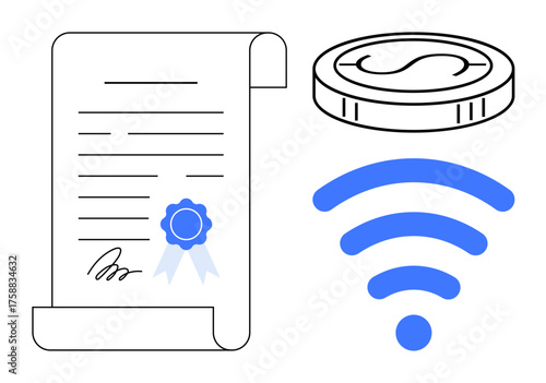 Document with a seal beside wireless icon and coin, symbolizing digital certification, online payment, blockchain, e-commerce, remote access, secure communication, and networked innovation. A simple