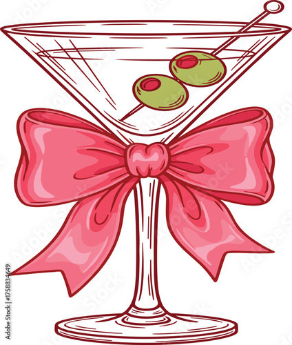 A celebratory martini glass adorned with a festive pink bow, perfect for special occasions and sophisticated gatherings