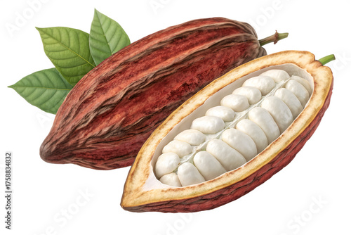 A whole ripe red cacao pod and a halved pod showing the white beans inside, isolated on transparent background