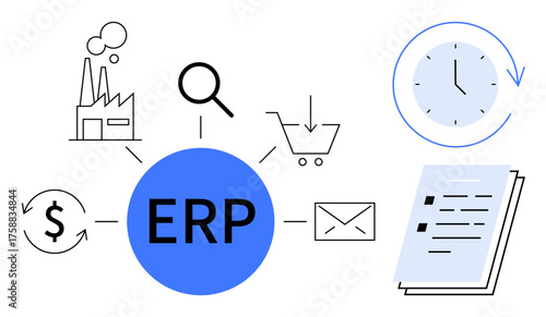 ERP system in center linking icons for finance, inventory, factories, clock, emails, and documents. Ideal for management, integration automation productivity planning analytics process. Simple