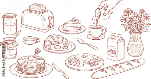 Hand-drawn illustration of a delicious breakfast spread featuring pancakes, croissants, and toast, perfect for food blogs and recipe sites