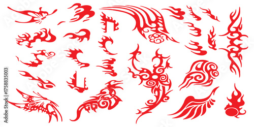 Collection of red ornamental swirls and designs for artistic applications isolated on transparent background