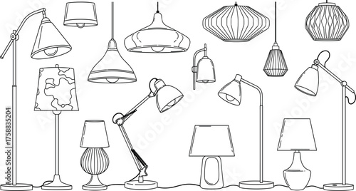 Assorted Lamp Collection Line Art Illustration of Lighting Fixtures
