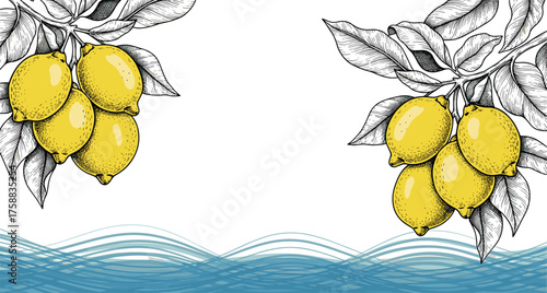 Lemons and Waves A Refreshing Graphic Art Illustration for Summer Vibes