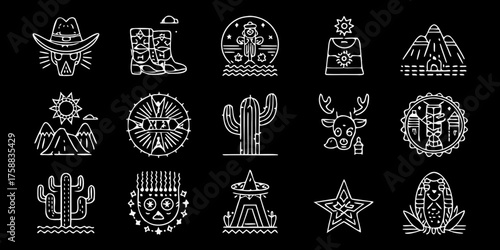Collection of stylized western and desert themed icons in white outline on black background