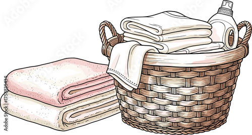 Laundry Day A cozy illustration featuring a basket of fresh towels and a bottle of detergent